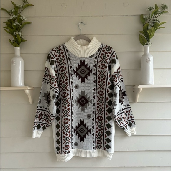 Vintage Aztec Mock Neck Sweater (see measurements) Made in USA - Picture 2 of 11